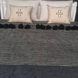 Moroccan Pompom Cotton Slub Throw Blanket With Tassels Hand Woven On A Wooden Loom, Dark Gray Ecru/Cream Stripes , Valentine Gift - thumbnail 3