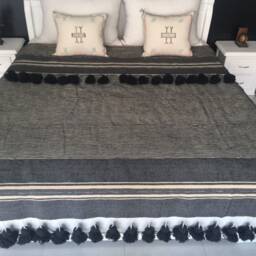 Moroccan Pompom Cotton Slub Throw Blanket With Tassels Hand Woven On A Wooden Loom, Dark Gray Ecru/Cream Stripes , Valentine Gift - thumbnail 4