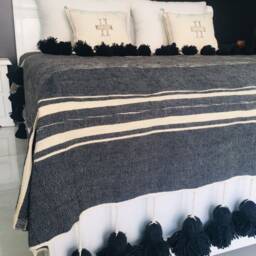 Moroccan Pompom Cotton Slub Throw Blanket With Tassels Hand Woven On A Wooden Loom, Dark Gray Ecru/Cream Stripes , Valentine Gift - thumbnail 2