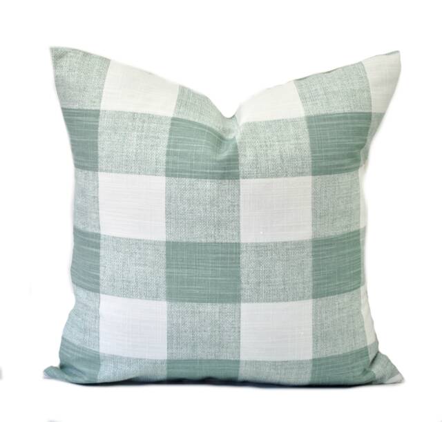 One Plaid Pillow Cover, Cushion, Decorative Throw Pillow, Sage Green Duck Egg Accent Checkered Case - image 1