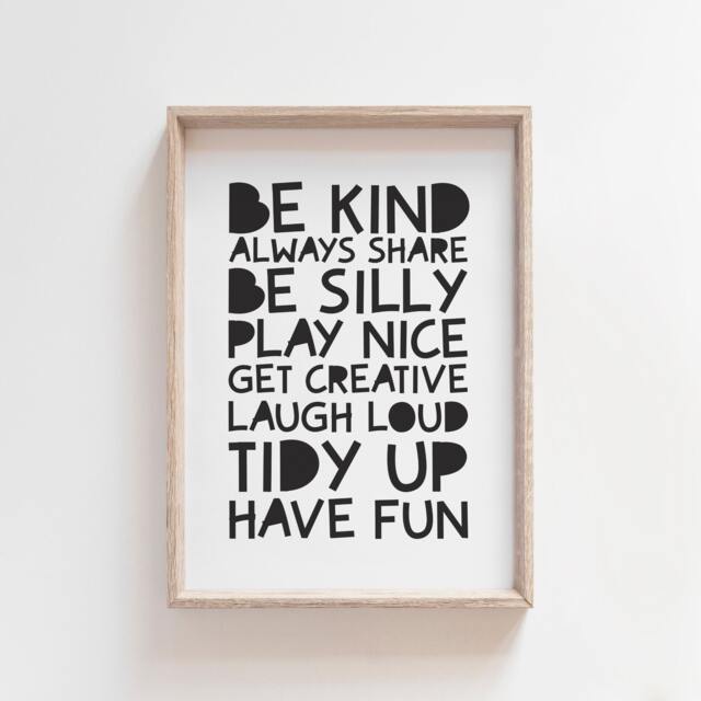 Playroom Prints, Monochrome Nursery Be Kind Print, Wall Art, Boys Bedroom Black - image 1