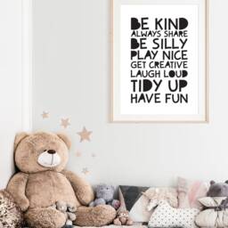 Playroom Prints, Monochrome Nursery Be Kind Print, Wall Art, Boys Bedroom Black - thumbnail 2