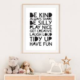 Playroom Prints, Monochrome Nursery Be Kind Print, Wall Art, Boys Bedroom Black - thumbnail 3