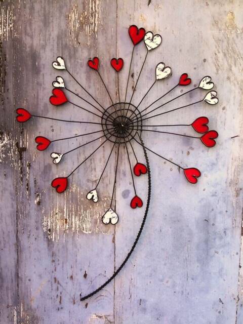 Wire Flower, Dandelion, Wall Decoration, Metal Fabric, Boho Gift With Red Heart, Valentine's Day, Mother's Day - image 1