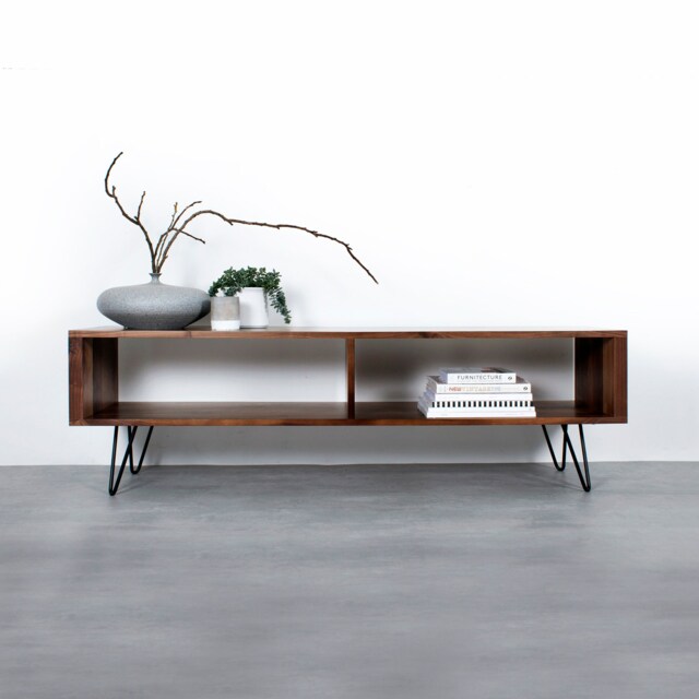 "Solid Walnut Large Tv Stand Or Coffee Table With Storage, On Mid Century Hairpin Legs ""Henley Walnut" - image 1