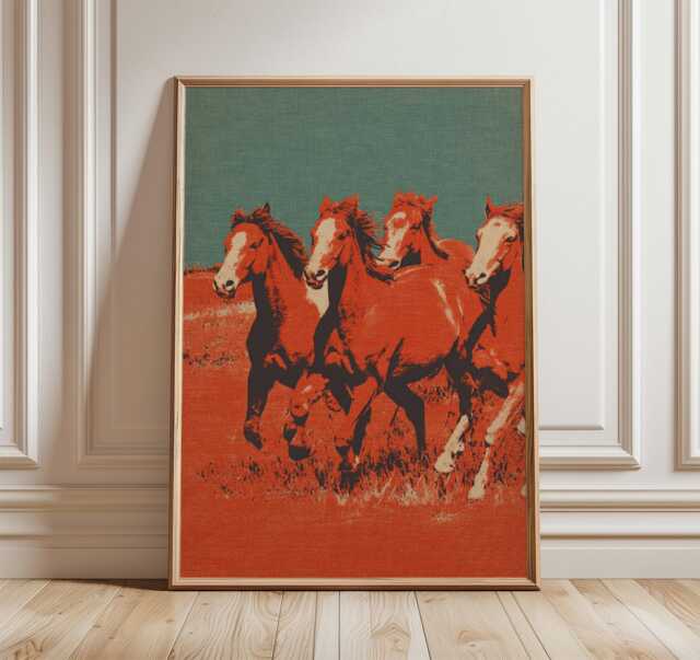 Wild Horse Wall Art Poster, Vintage Western Style Mustang Print, Desert Running Horses Illustration - image 1