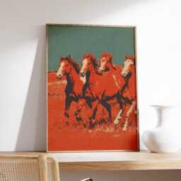 Wild Horse Wall Art Poster, Vintage Western Style Mustang Print, Desert Running Horses Illustration - thumbnail 2