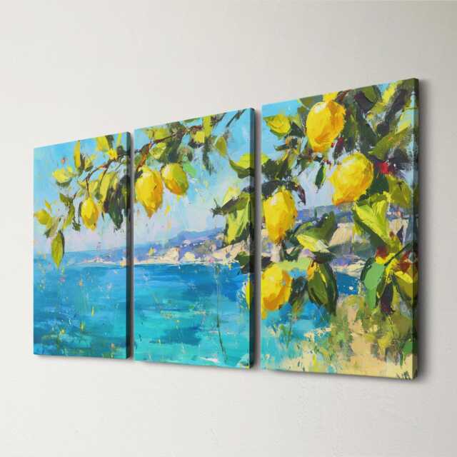 Sicily Lemon Tree Coastal 3 Panel Split Canvas Wall Art Italian Landscape Abstract Oil Painting Framed Mediterranean Home Decor Gift - image 1