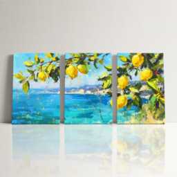 Sicily Lemon Tree Coastal 3 Panel Split Canvas Wall Art Italian Landscape Abstract Oil Painting Framed Mediterranean Home Decor Gift - thumbnail 3