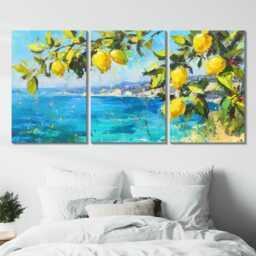 Sicily Lemon Tree Coastal 3 Panel Split Canvas Wall Art Italian Landscape Abstract Oil Painting Framed Mediterranean Home Decor Gift - thumbnail 2