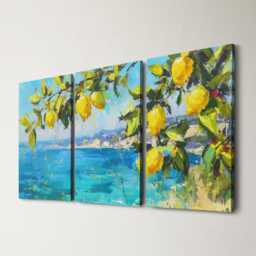 Sicily Lemon Tree Coastal 3 Panel Split Canvas Wall Art Italian Landscape Abstract Oil Painting Framed Mediterranean Home Decor Gift - thumbnail 1