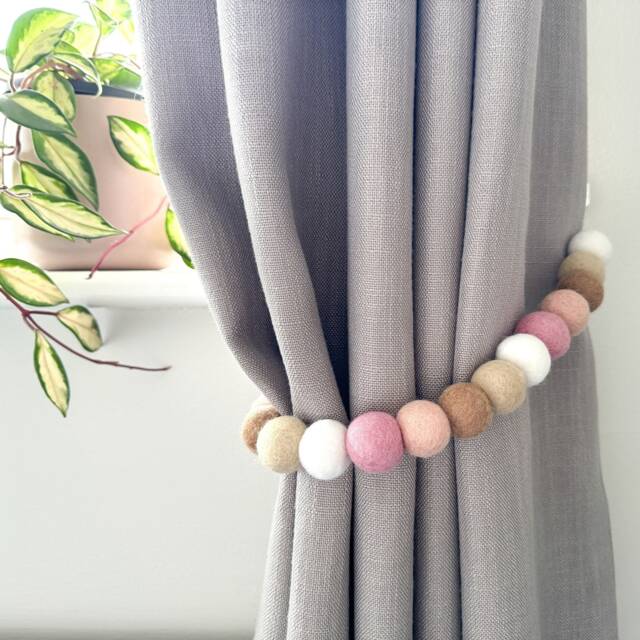 Neutral Pink Felt Ball Curtain Tie Backs - Pom Hold Custom Nursery Decor Baby Gift Colourful Pull - image 1