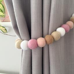 Neutral Pink Felt Ball Curtain Tie Backs - Pom Hold Custom Nursery Decor Baby Gift Colourful Pull - thumbnail 2