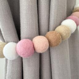 Neutral Pink Felt Ball Curtain Tie Backs - Pom Hold Custom Nursery Decor Baby Gift Colourful Pull - thumbnail 3