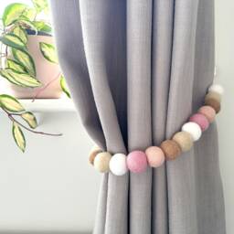 Neutral Pink Felt Ball Curtain Tie Backs - Pom Hold Custom Nursery Decor Baby Gift Colourful Pull - thumbnail 1