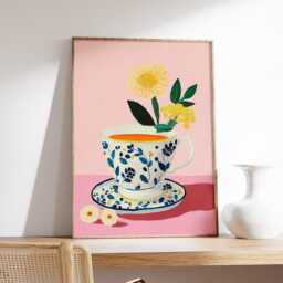 Floral Teacup Art Print, Modern Still Life Poster For Kitchen, Pink & Blue Wall Art, Elegant Tea Cup Decor With Retro Painterly Style - thumbnail 2