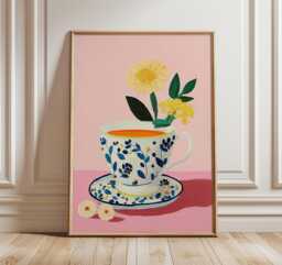 Floral Teacup Art Print, Modern Still Life Poster For Kitchen, Pink & Blue Wall Art, Elegant Tea Cup Decor With Retro Painterly Style - thumbnail 1