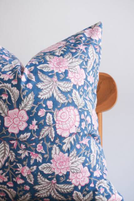 Block Print Pillow Cover Floral Batik, Natural Dyed Textile - image 1