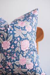 Block Print Pillow Cover Floral Batik, Natural Dyed Textile - thumbnail 1