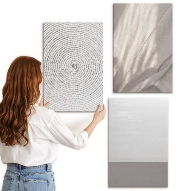 Canvas Set Of 3 - Delicate Natural Textures in Boho Style, Beige Large Wall Art, Hanging Piece - image 1