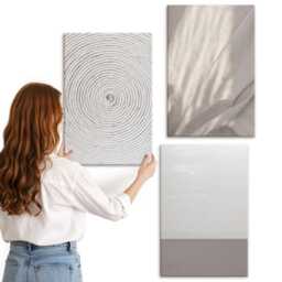 Canvas Set Of 3 - Delicate Natural Textures in Boho Style, Beige Large Wall Art, Hanging Piece - thumbnail 1