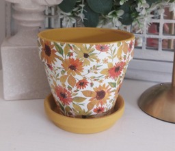 Indoor Plant Pot. Beautiful Autumnal Yellow & Orange Decoupaged Terracotta Available in Three Sizes