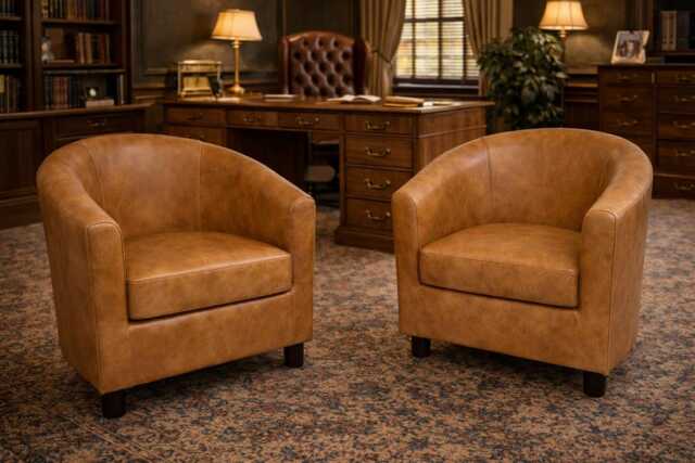 Tan Faux Leather Tub Chair With Mahogany Legs - image 1