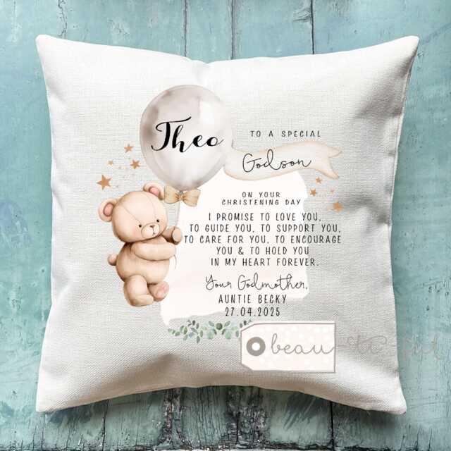 Personalised Christening Baptism Gift Promise To Godchild Godson Goddaughter Teddy Bear Balloon Linen Style Cushion Godparent Godmother - image 1