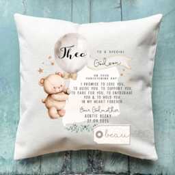 Personalised Christening Baptism Gift Promise To Godchild Godson Goddaughter Teddy Bear Balloon Linen Style Cushion Godparent Godmother