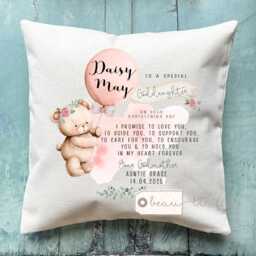 Personalised Christening Baptism Gift Promise To Godchild Godson Goddaughter Teddy Bear Balloon Linen Style Cushion Godparent Godmother - thumbnail 3
