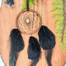 Handmade Brown Suede Dreamcatcher Howlite Skull, Black Feathers - thumbnail 2