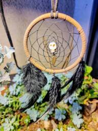 Handmade Brown Suede Dreamcatcher Howlite Skull, Black Feathers - thumbnail 1