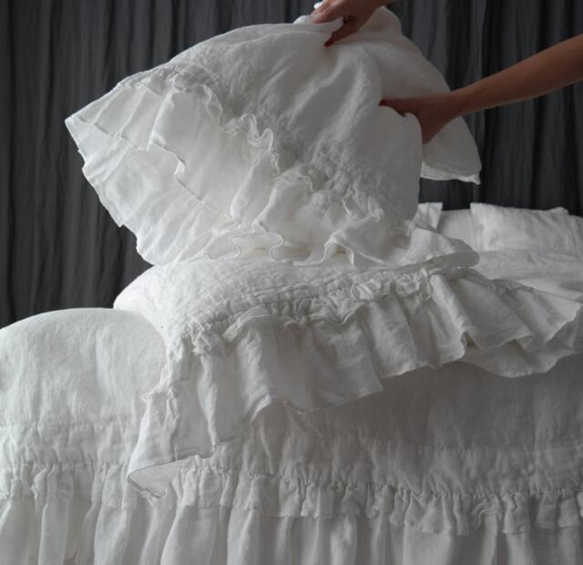 Linen Duvet Cover Set . Rustic Style Ruffled Duvet Cover & Pillowcases. France Linen Bedding Set - image 1