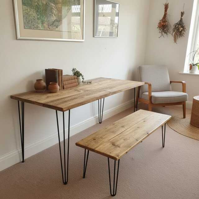 Handmade Reclaimed Wood Dining Table Set Rustic Kitchen With Benches Uk-Made Hairpin Legs Solid Furniture - image 1