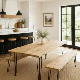 Handmade Reclaimed Wood Dining Table Set Rustic Kitchen With Benches Uk-Made Hairpin Legs Solid Furniture - thumbnail 4