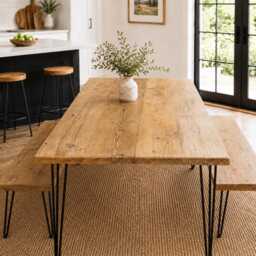 Handmade Reclaimed Wood Dining Table Set Rustic Kitchen With Benches Uk-Made Hairpin Legs Solid Furniture - thumbnail 2