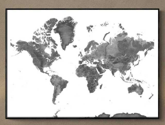 Map Of The World & Black White With Countries Wall Art Print Poster, Carte Du Monde For Travel Gifts, Earth Topographic Maps - image 1