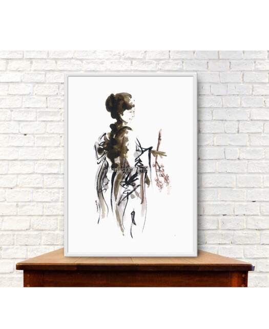 Geisha Art Poster, Minimalist Artwork, Sumi-E, Ink Painting, Maiko Poster - image 1
