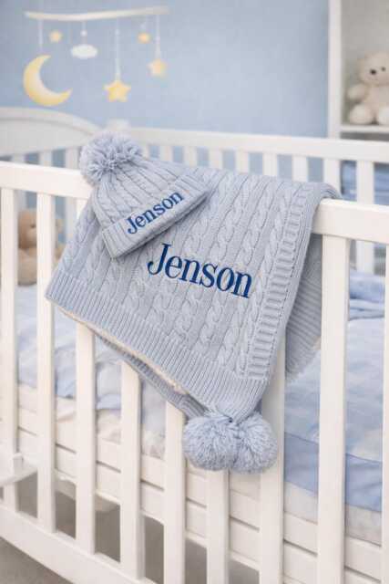 Personalised Knit Baby Blanket & Hat Set, Embroidered Name, Shower Gifts Keepsakes - image 1