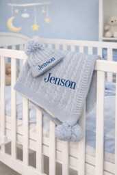 Personalised Knit Baby Blanket & Hat Set, Embroidered Name, Shower Gifts Keepsakes - thumbnail 1