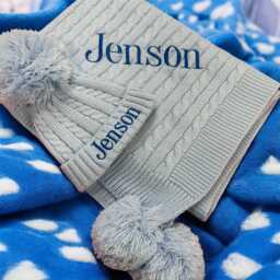 Personalised Knit Baby Blanket & Hat Set, Embroidered Name, Shower Gifts Keepsakes - thumbnail 2