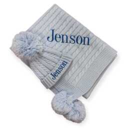 Personalised Knit Baby Blanket & Hat Set, Embroidered Name, Shower Gifts Keepsakes - thumbnail 4