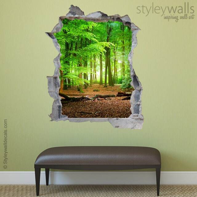 Forest Wall Decal, Woods Hole in The 3D Effect Sticker, Nature Broken Mural Home Decor