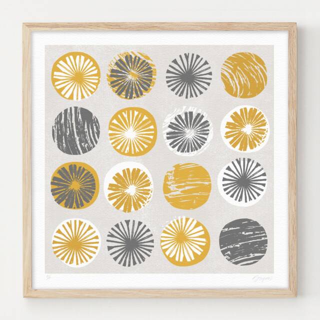 Abstract Poppy Seed Head Print, Botanical Art, Mid Century Style, Mustard Yellow & Grey Wall Decor, Ochre Unframed - image 1
