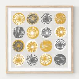 Abstract Poppy Seed Head Print, Botanical Art, Mid Century Style, Mustard Yellow & Grey Wall Decor, Ochre Unframed - thumbnail 1