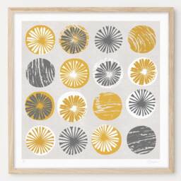 Abstract Poppy Seed Head Print, Botanical Art, Mid Century Style, Mustard Yellow & Grey Wall Decor, Ochre Unframed - thumbnail 2