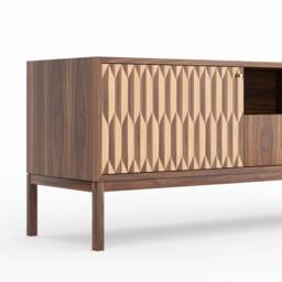 Walnut Sideboard, Mid Century Modern Tv Stand, Inlaid Wood Doors - thumbnail 3