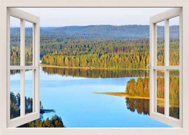 Lake Wall Decal, Mural, Sticker, Nature Trees Decal 3D Window View Home Decor Living Room