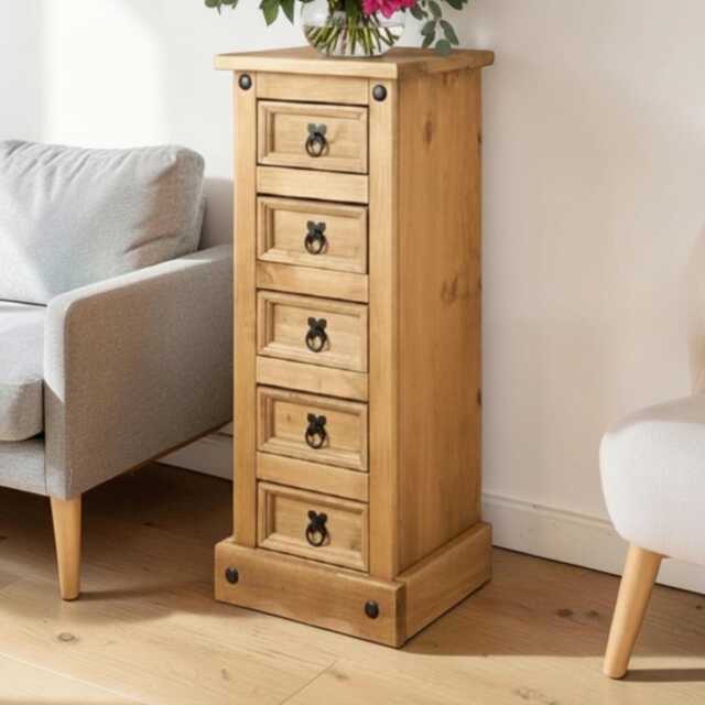 Solid Pine Narrow 5 Drawer Chest Rustic Farmhouse Storage Cabinet - image 1