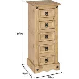 Solid Pine Narrow 5 Drawer Chest Rustic Farmhouse Storage Cabinet - thumbnail 4